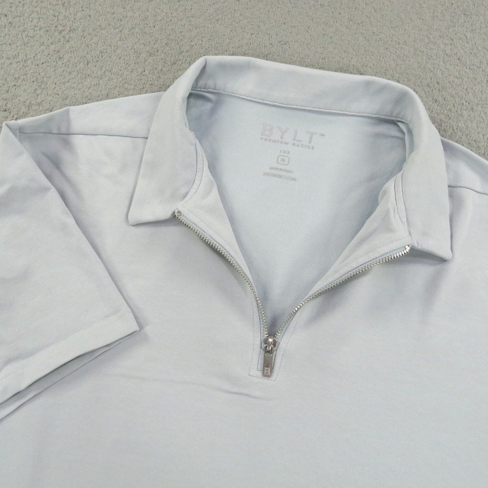 BYLT Polo Shirt Men XL Lux Drop Cut Curved Hem 1/4 Zip Pullover Light Blue Basic